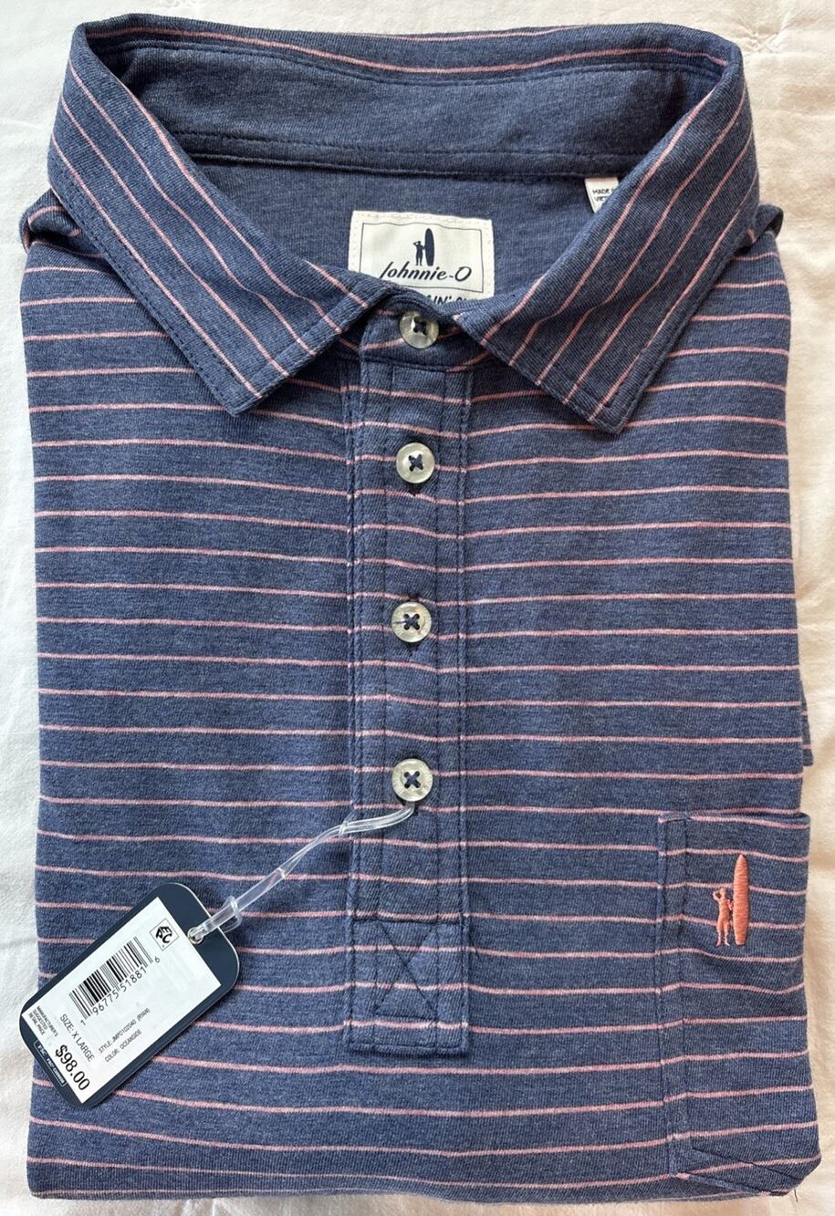 NWT johnnie-O Ryan Men's XL Striped Collared Polo Shirt Pink Blue Oceanside $98